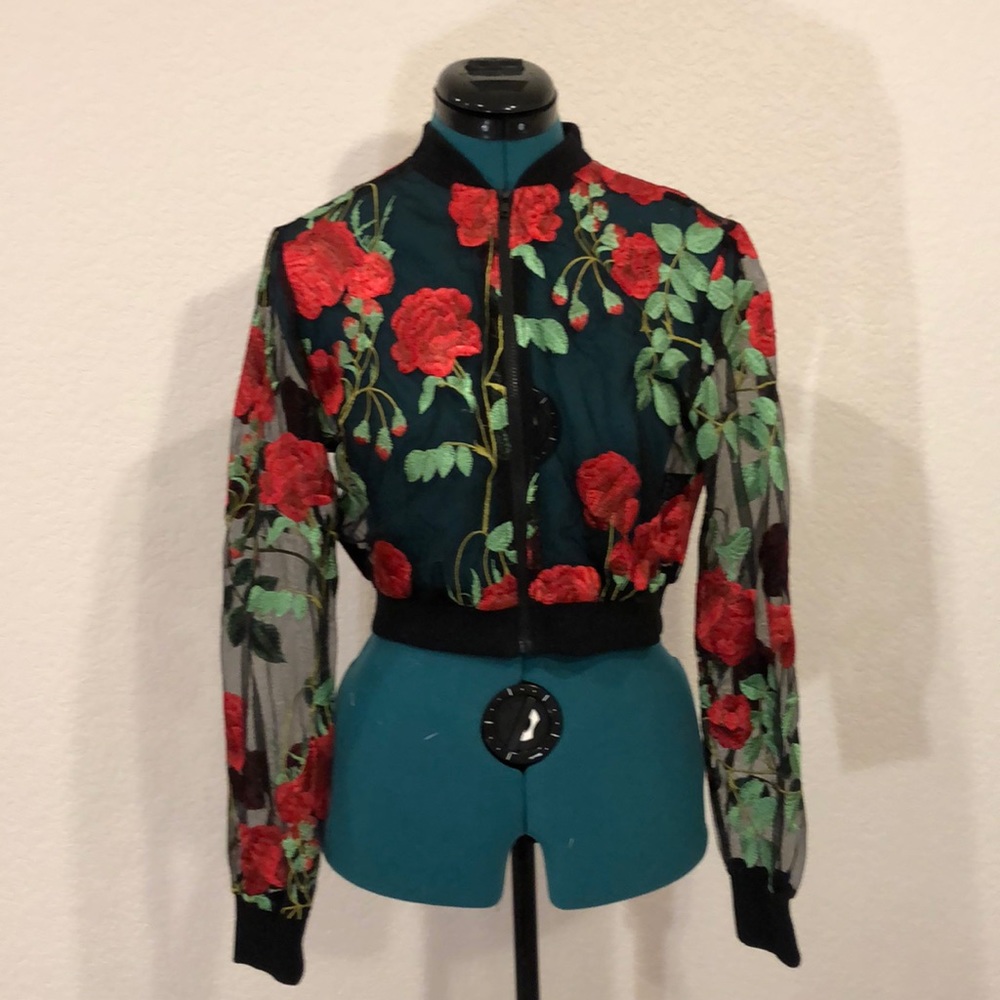 Red/black floral sheer embroidered crop jacket